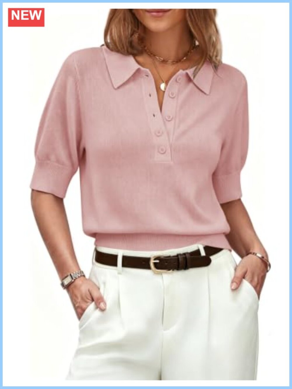 Wool Blend V Neck Polo Sweater Half Sleeve Button Down Knit Top